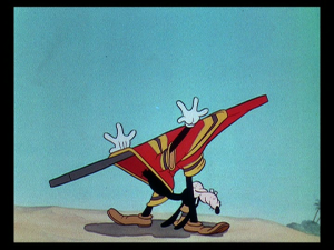 At one point, Goofy gets his surfboard stuck in his swimming outfit, and can't figure out how to get it out